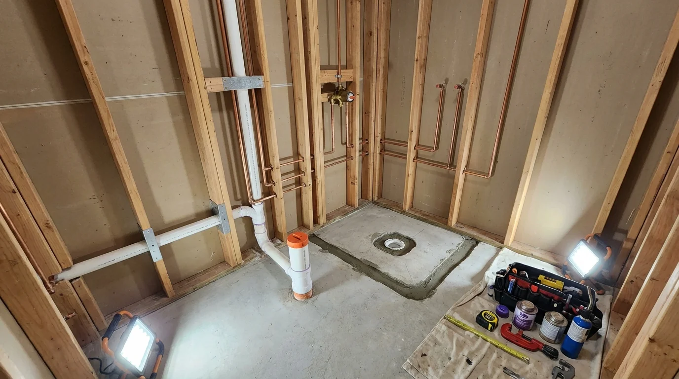 Bathroom rough-in plumbing during remodel by Johns Plumbing LLC in Eau Claire
