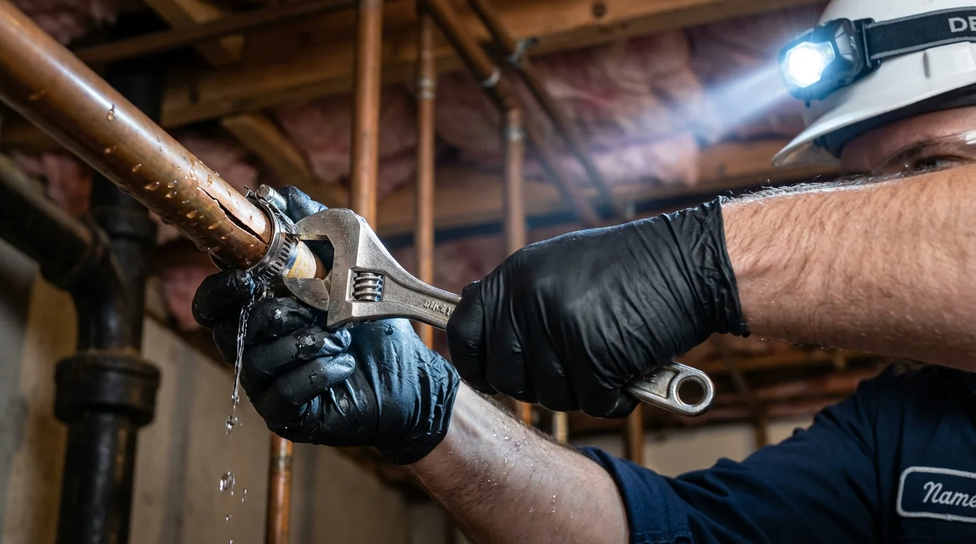 Emergency pipe clamp repair being performed by a Johns Plumbing LLC plumber in Eau Claire