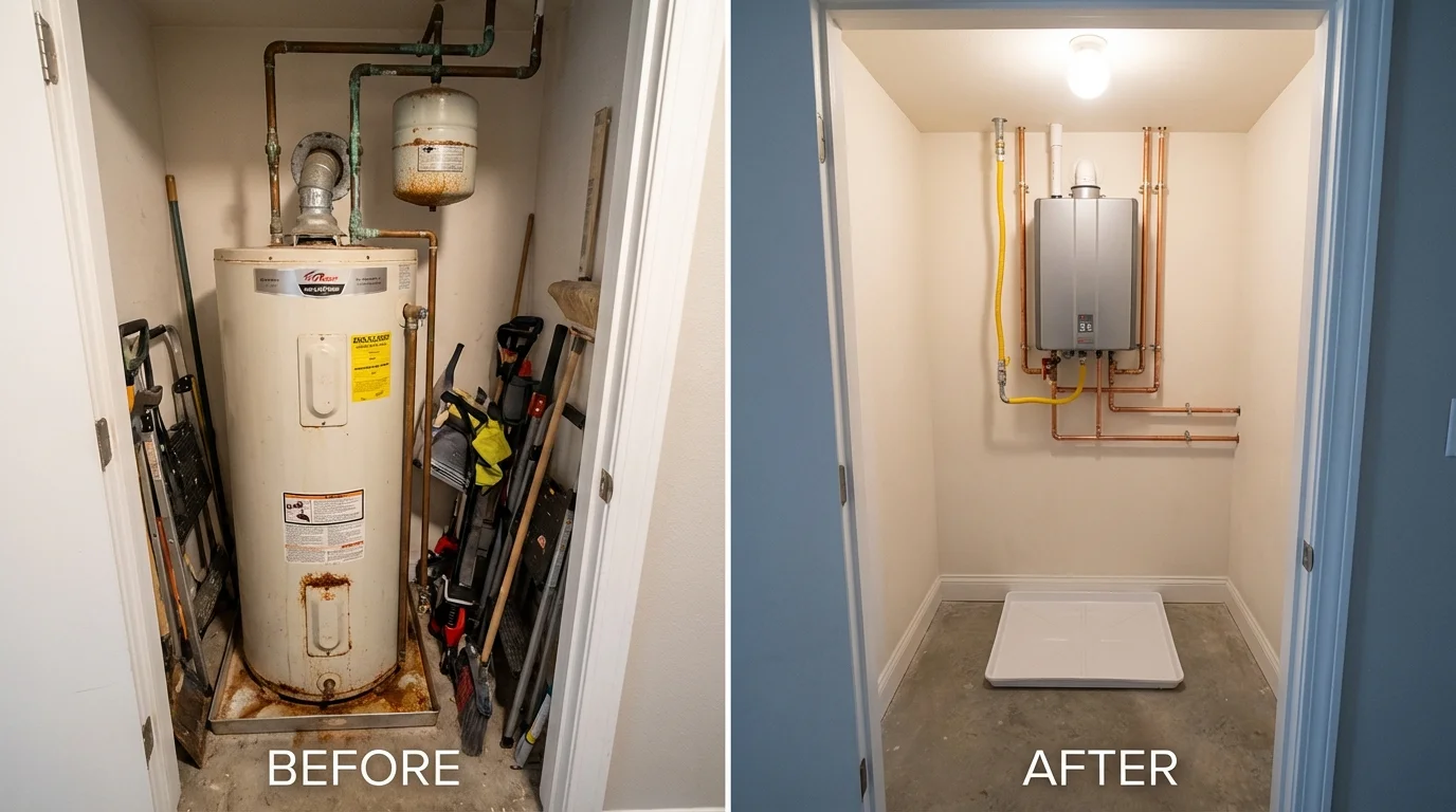Tank water heater versus wall-mounted tankless unit comparison for Eau Claire, WI homeowners