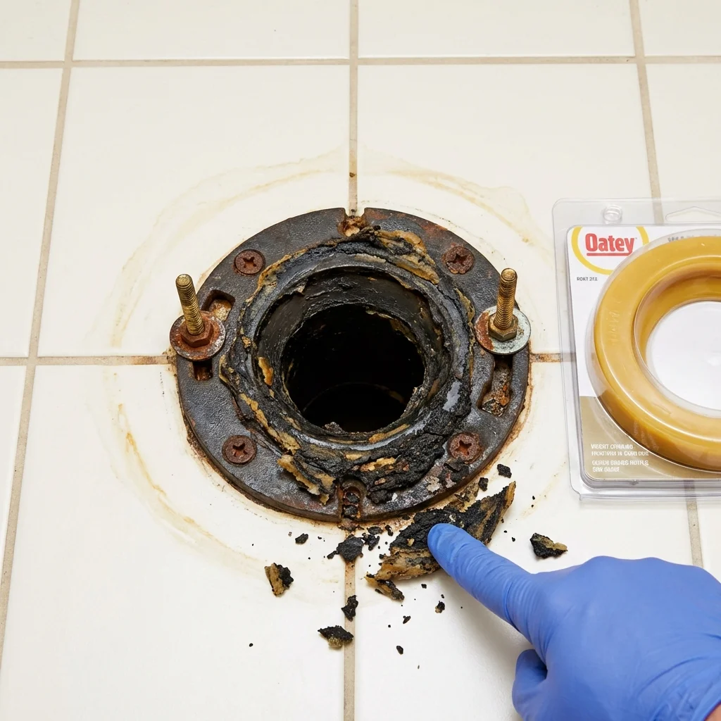Failed wax ring showing water seepage at the base of a toilet in a Eau Claire, WI home