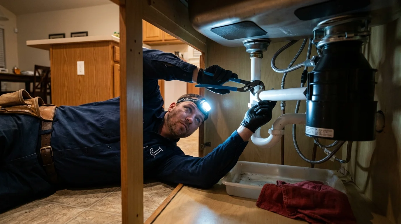 P-trap and supply line connections under a kitchen sink showing a common leak point in Eau Claire, WI